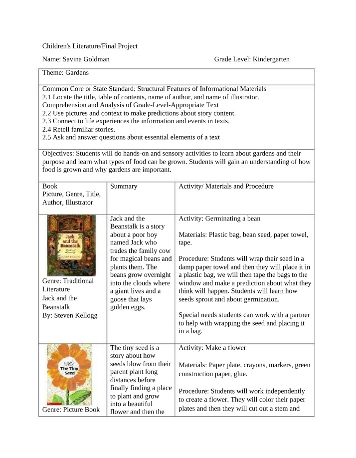 Exploring Gardens - Kindergarten Stories and Activities