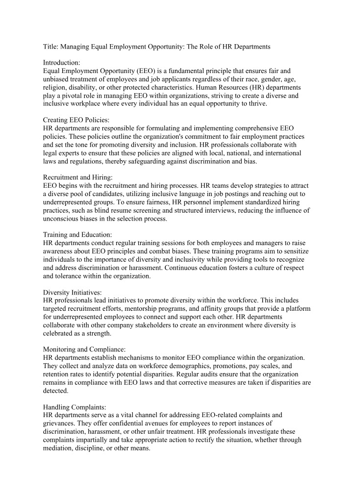 Equal Employment Opportunity - The Role of HR Departments