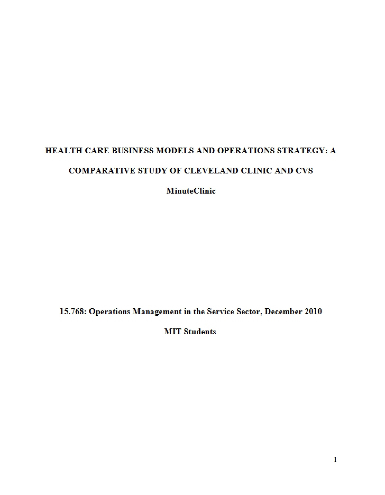 Operations Strategy and Business Models in Health Care