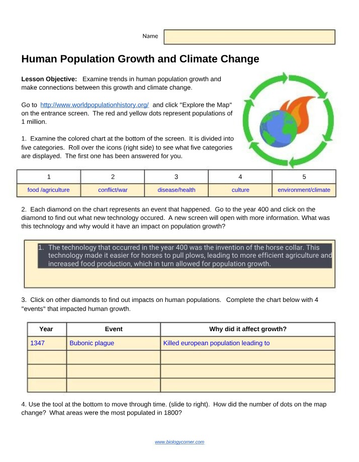 Worksheet on Climate Change and Human Population Growth