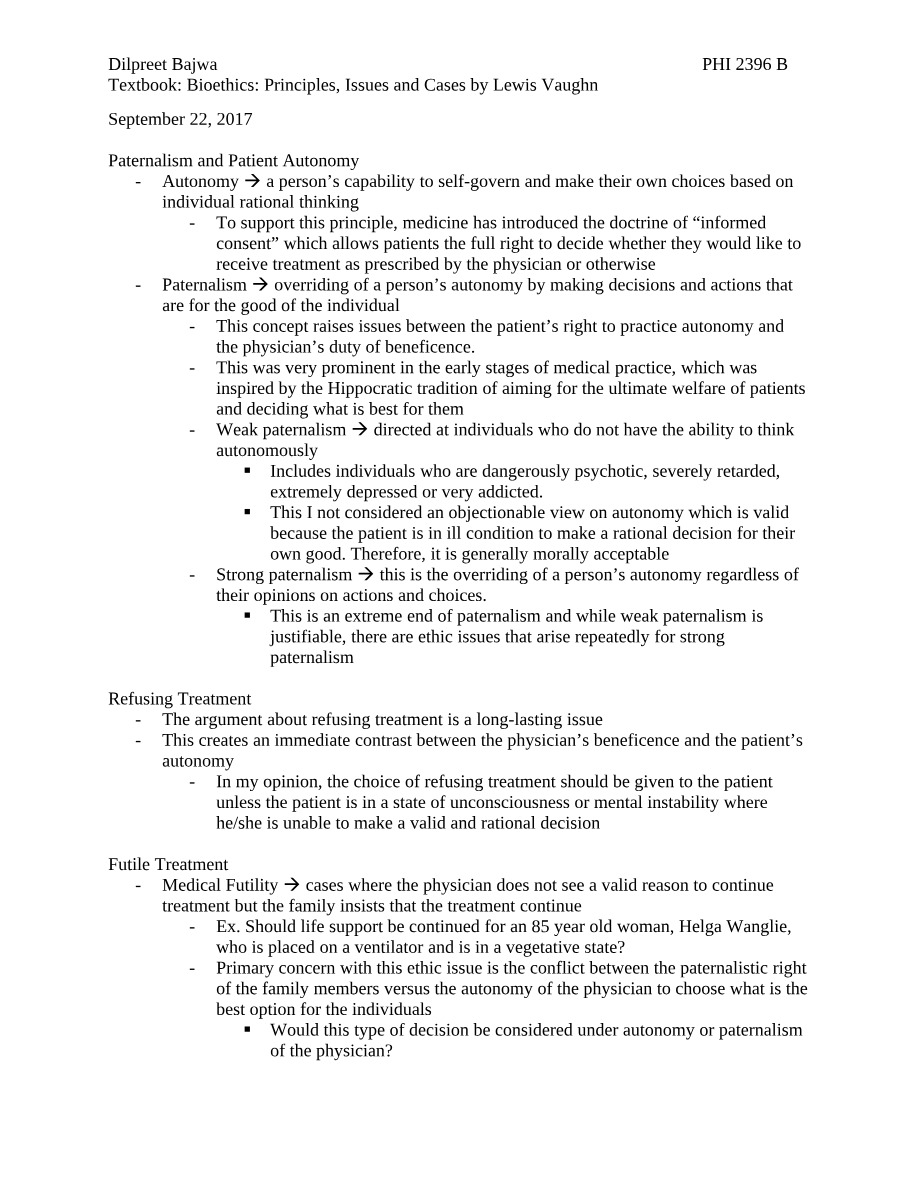 PHI2396 Bioethics Course Material