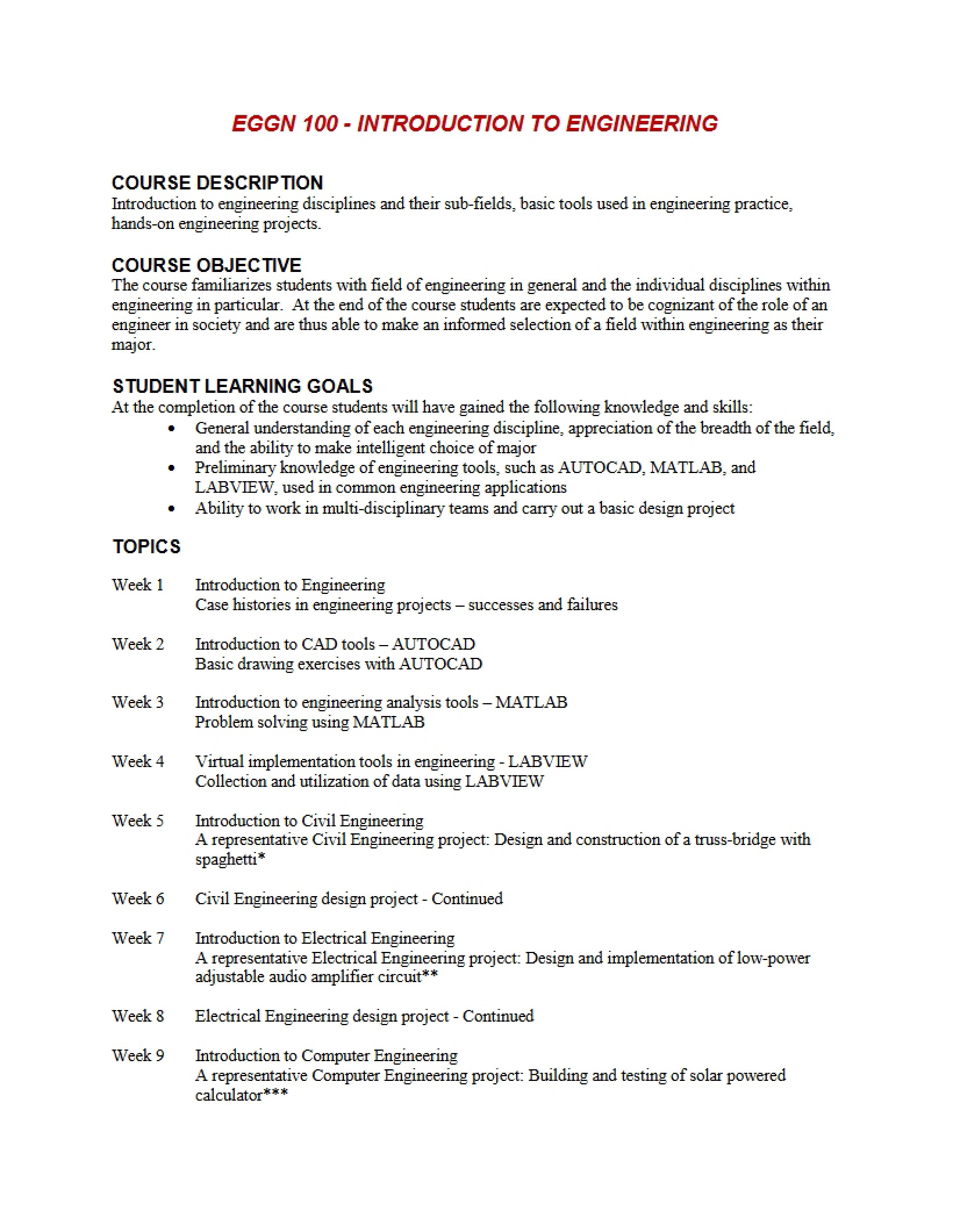 Engineering Intro Course Description