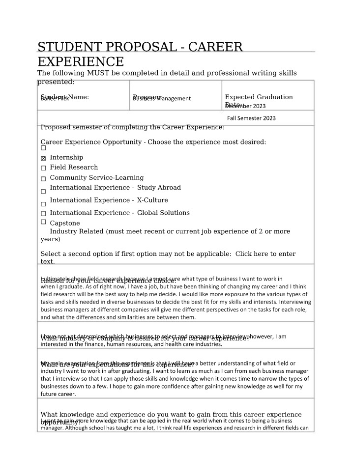Career Experience Proposal