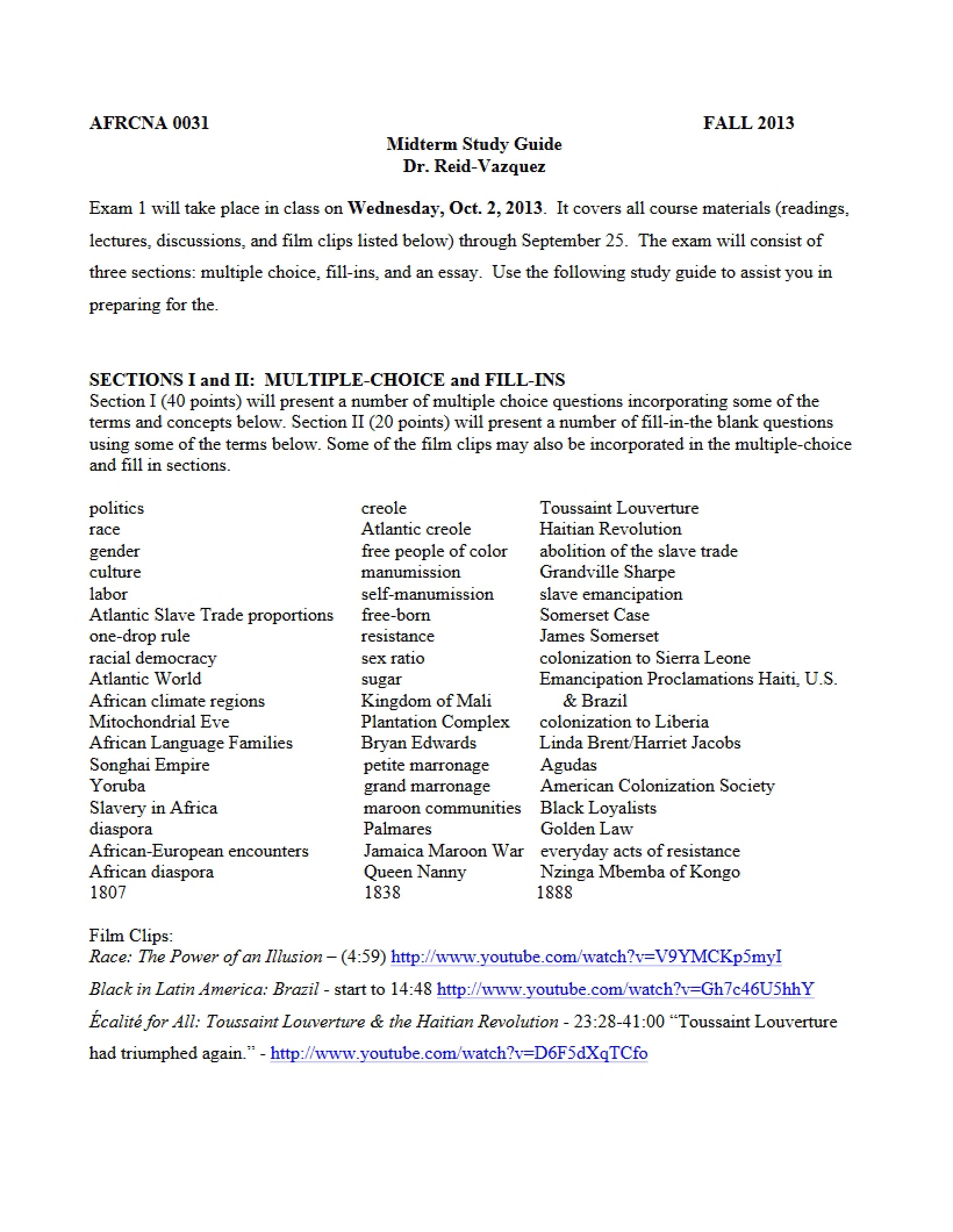 Study Guide for First Africana Exam