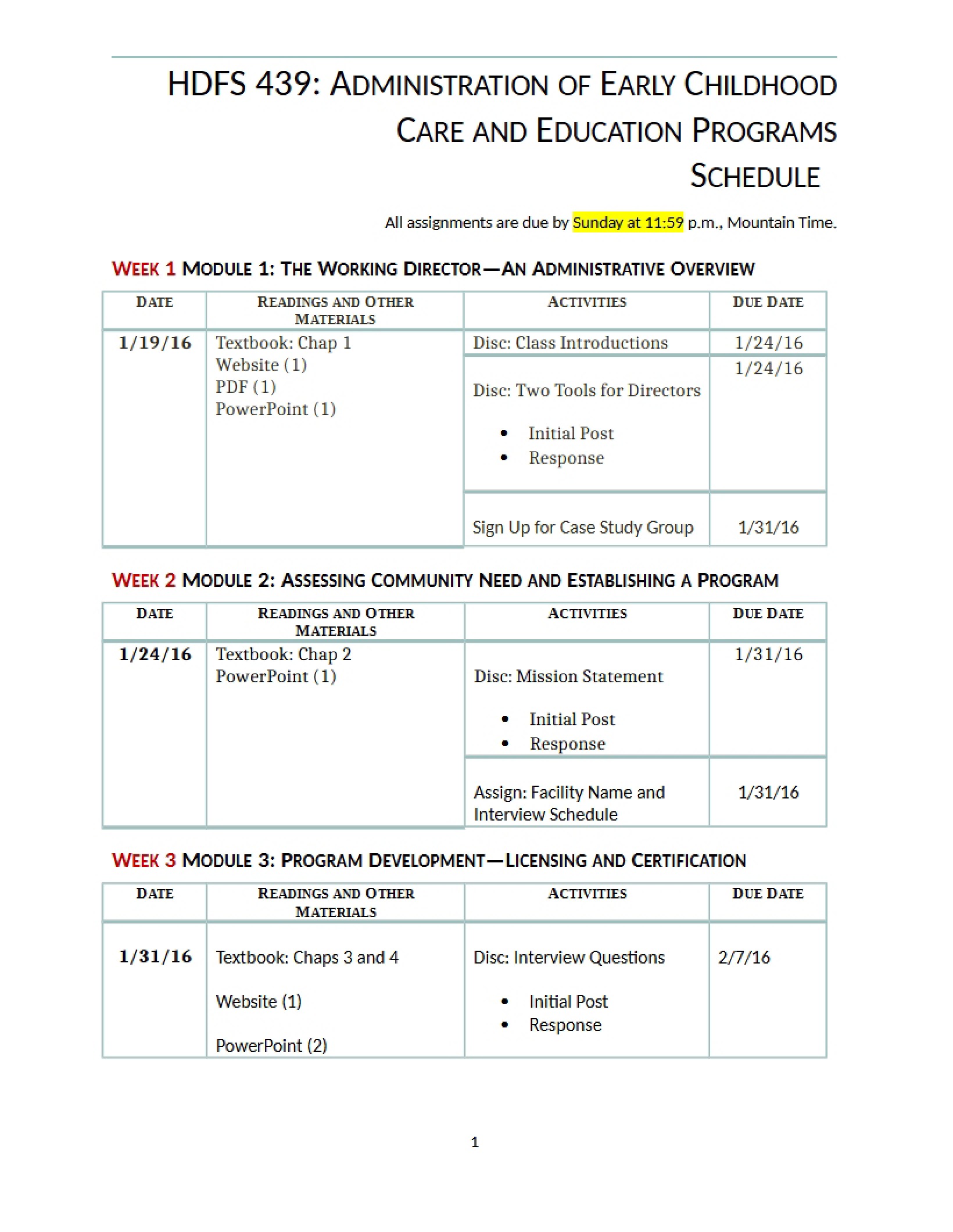 Schedule for Spring 16