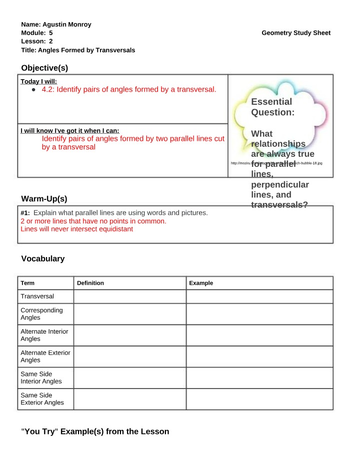 Geometry Study Sheet - Angles Formed by Transversals