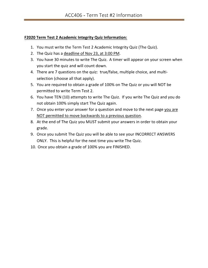 Term Test 2 Information - ACC406