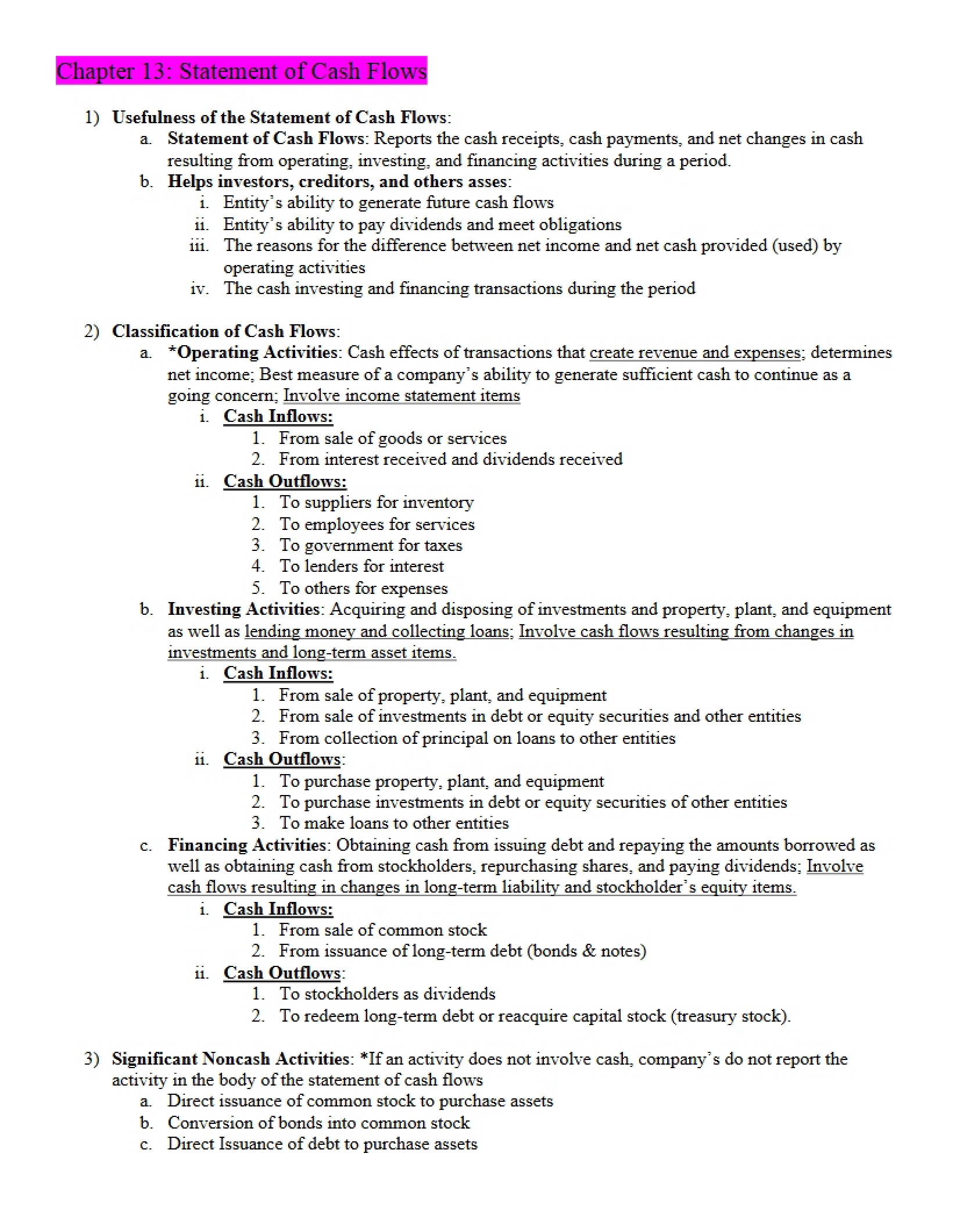 Statement of Cash Flows Overview (Ch 13)