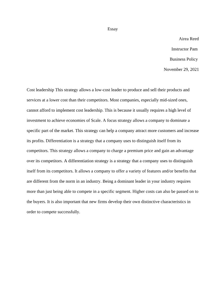 Business Policy Essay - Airea Reed