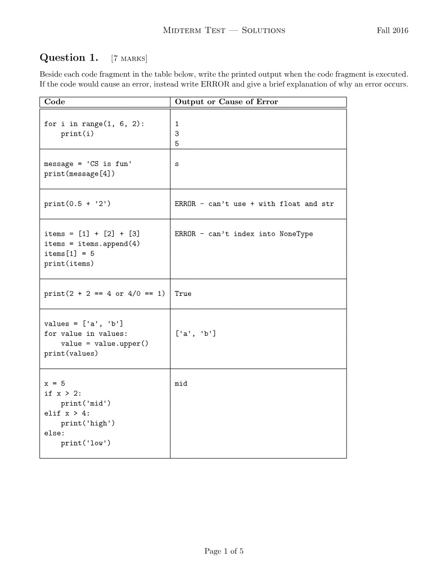 Fall 2016 Midterm Test Solutions