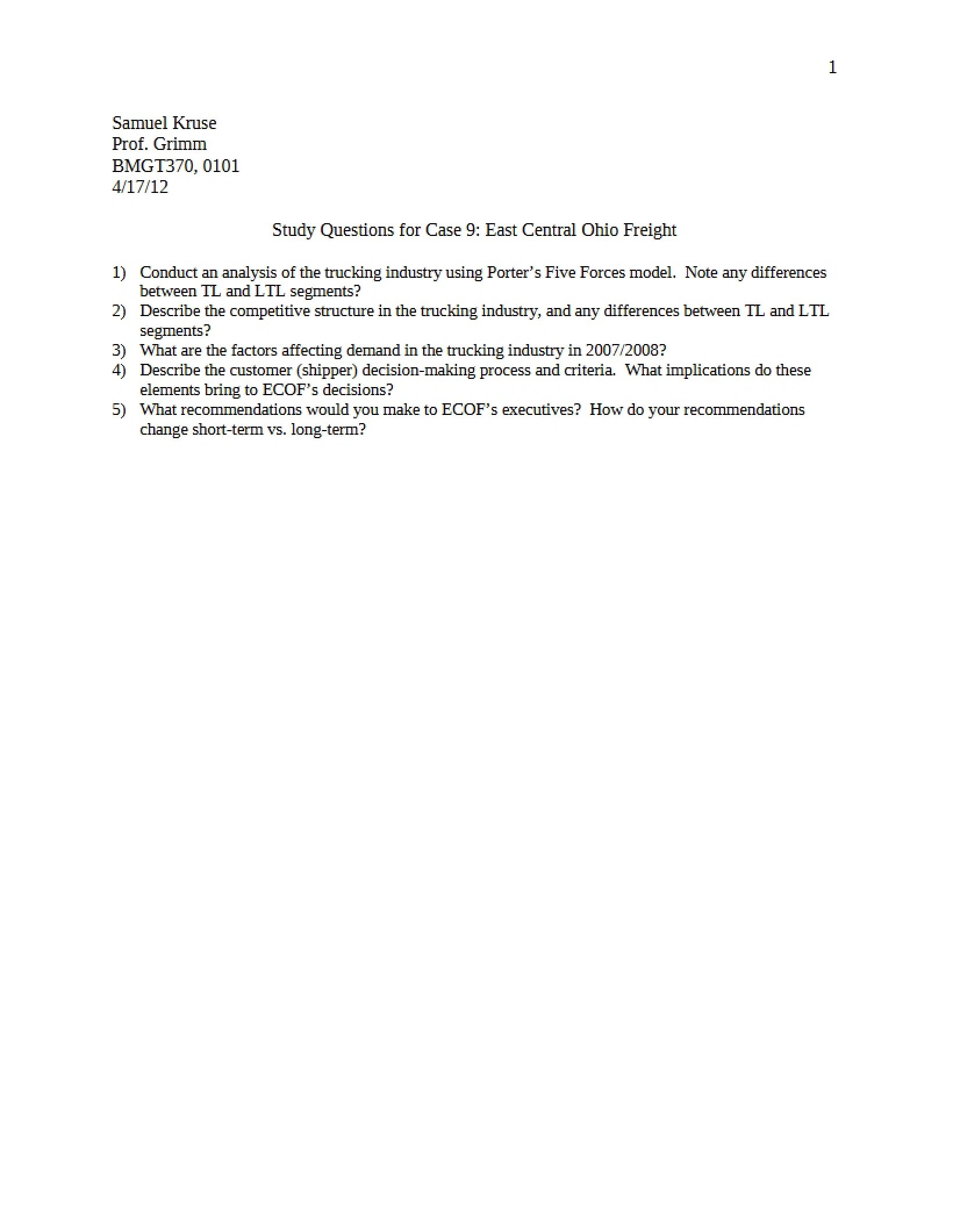 Case 9 Study Questions East Central Ohio Freight