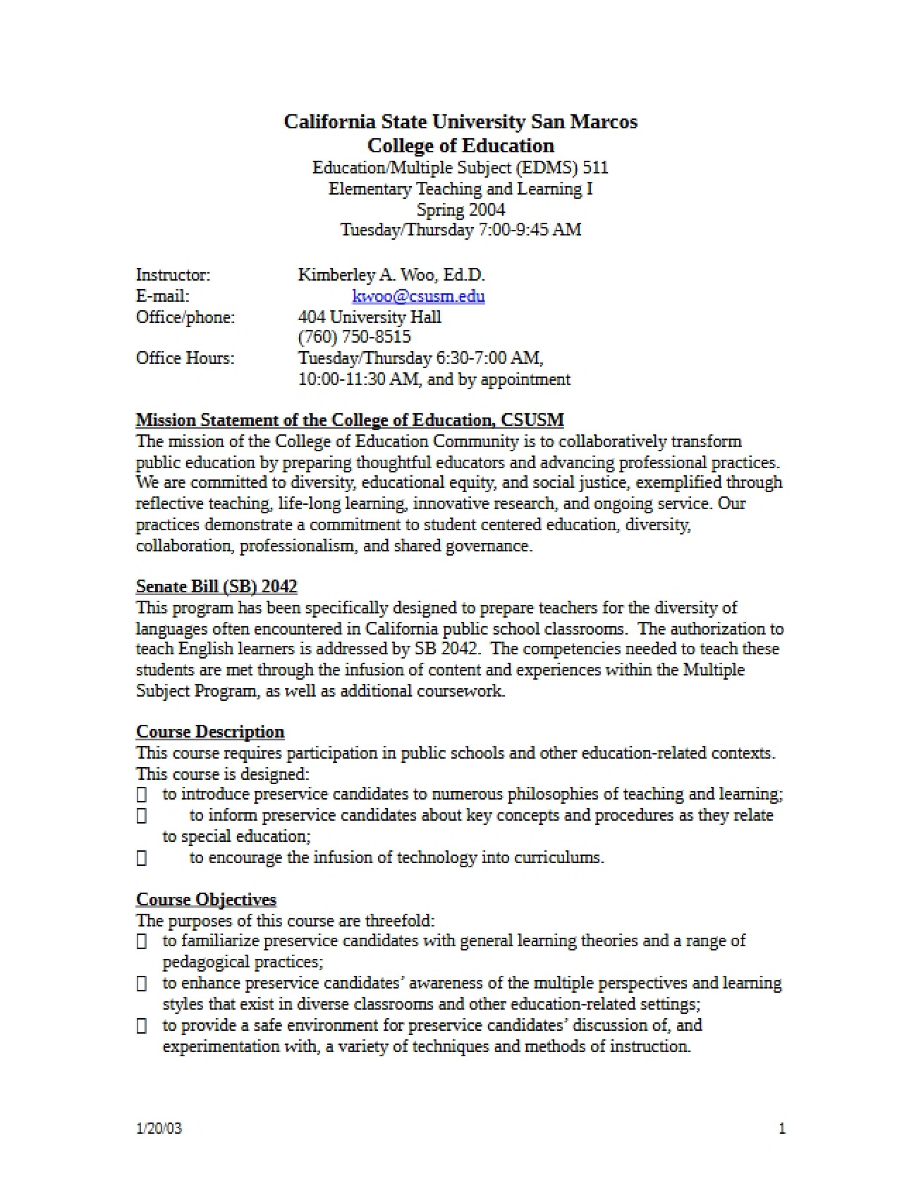 Elementary Teaching and Learning Syllabus