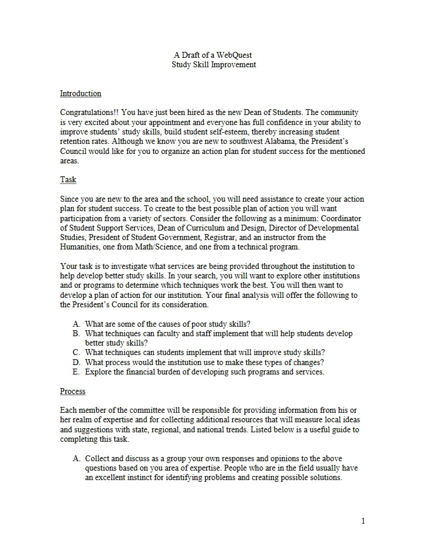 Study Skill Improvement WebQuest Draft