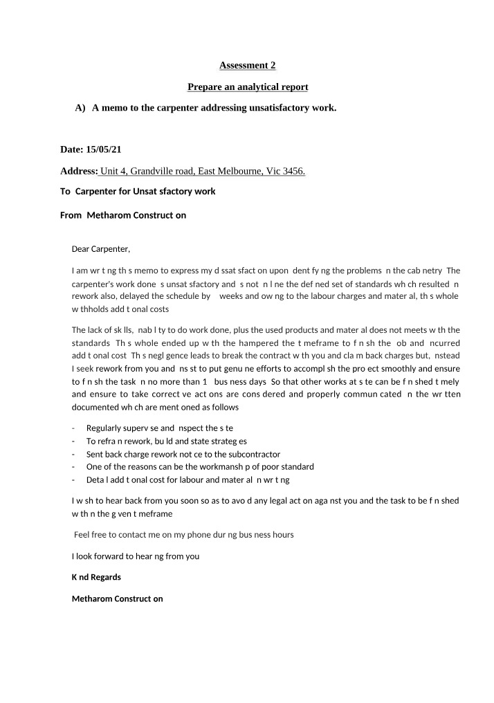 Unsatisfactory Work Memo - Carpenter Metharom