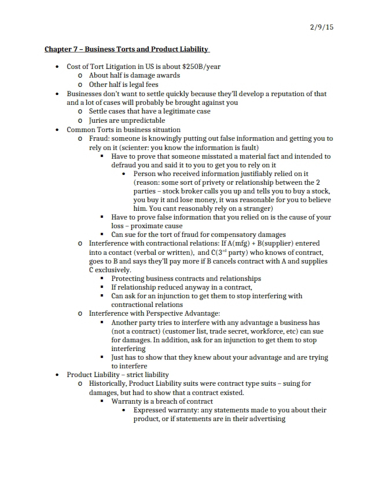 Product Liability and Business Torts Chapter 7