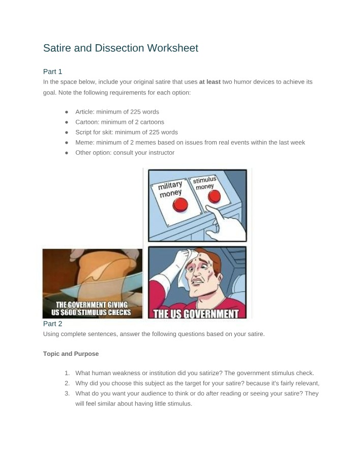 Worksheet on Satire and Dissection