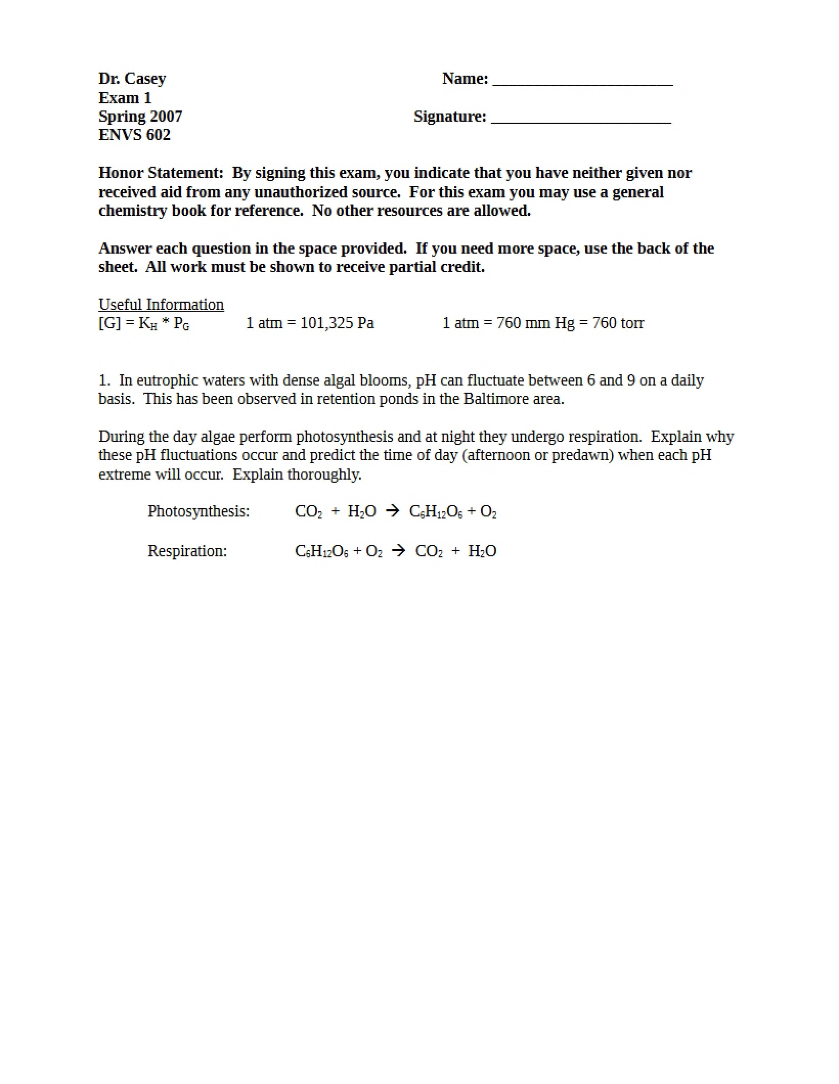 First Environmental Chemistry Exam