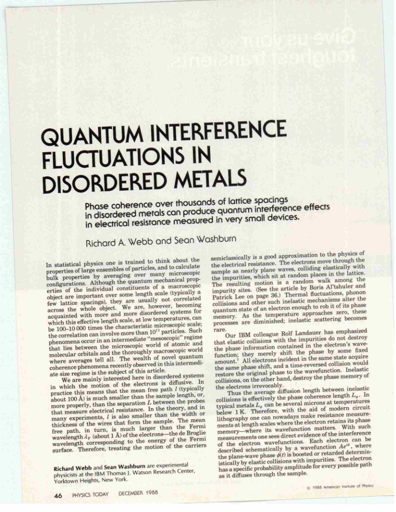 Disordered Metals Quantum Interference Fluctuations