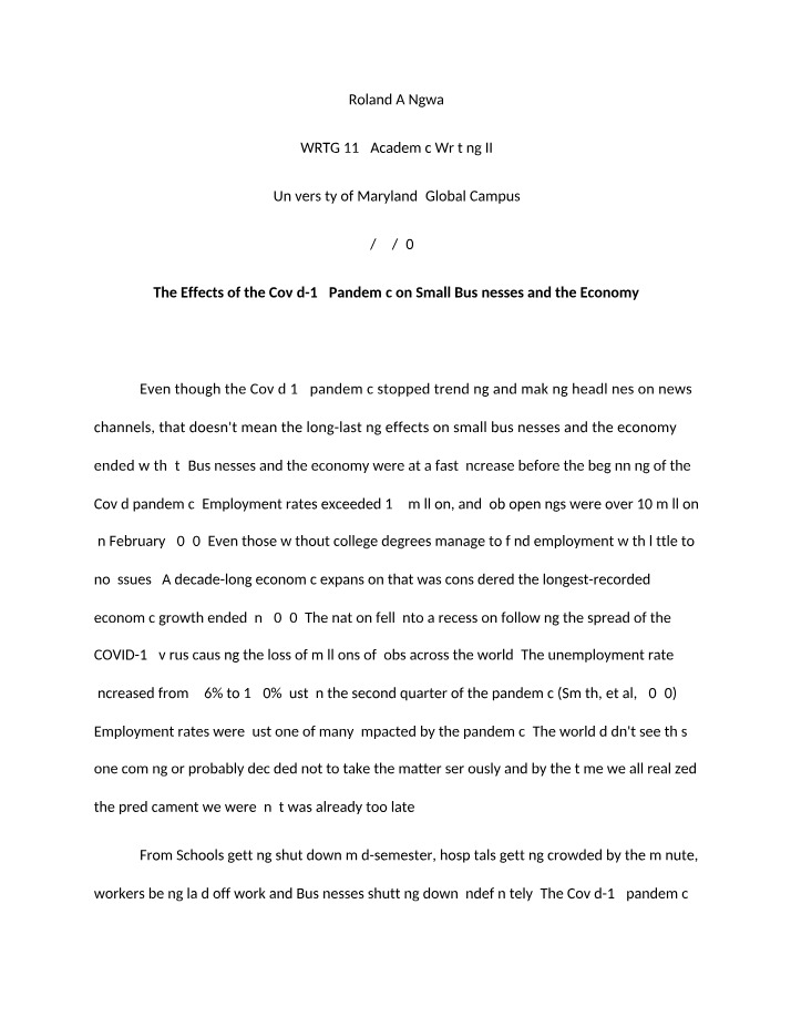 Covid-19 Pandemic Impact on the Economy and Small Businesses