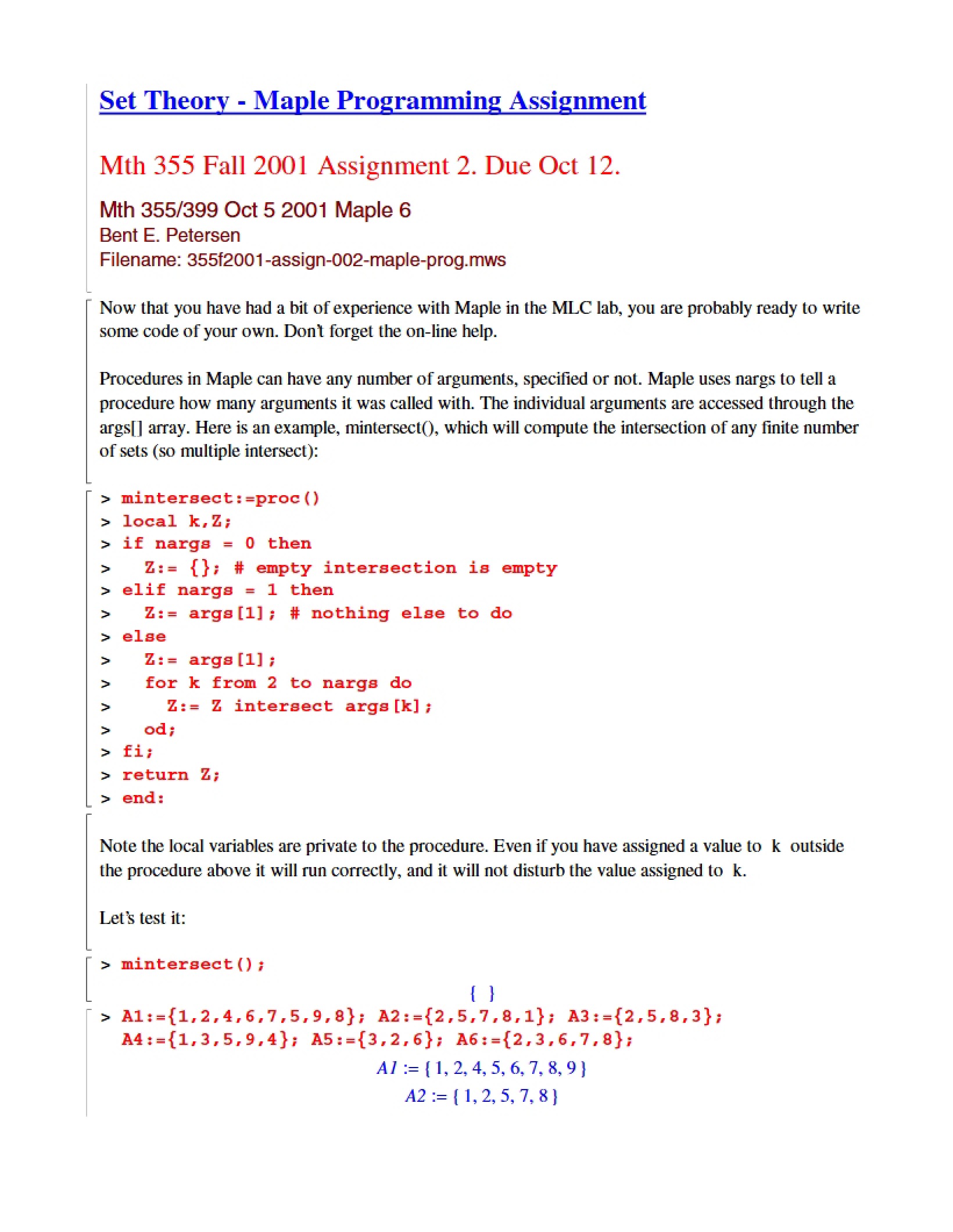 Maple Programming Assignment Set Theory