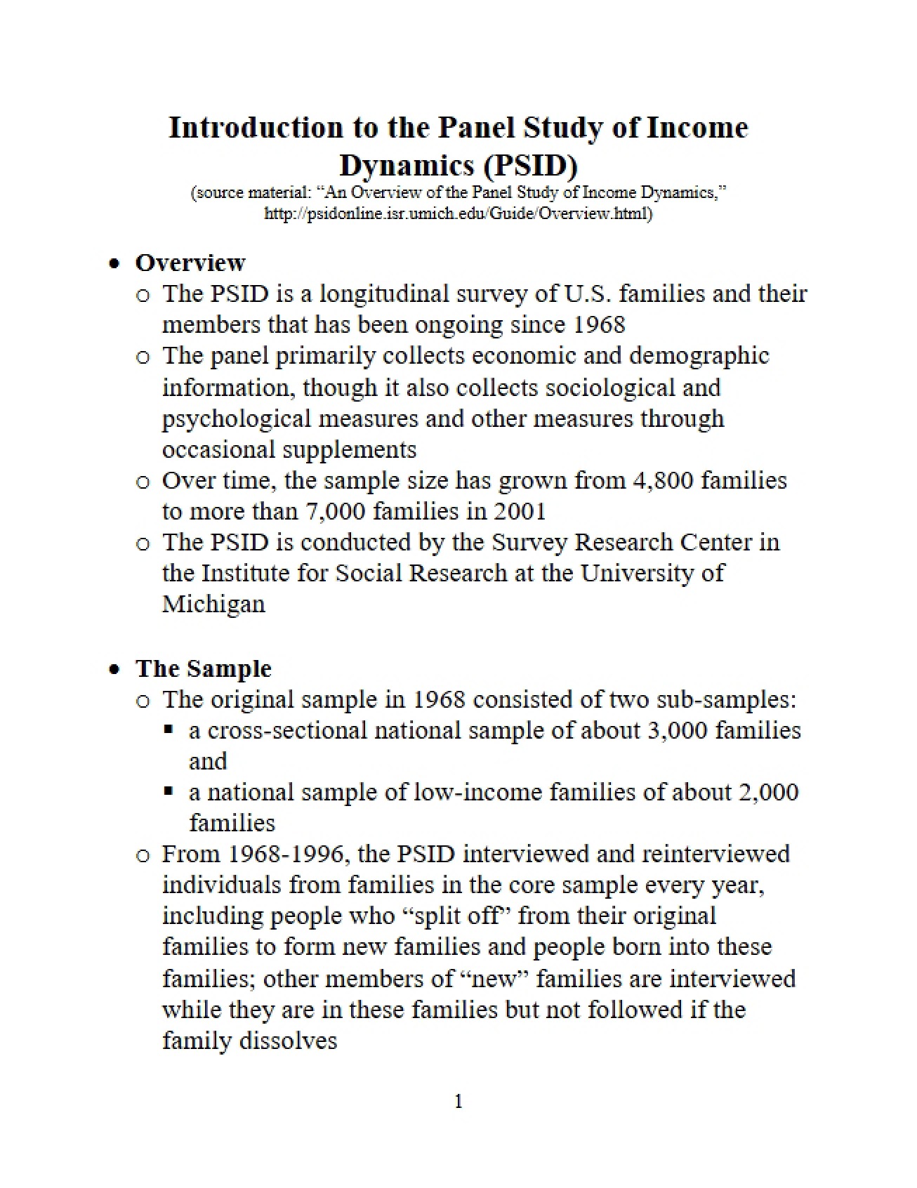 PSID Intro to Panel Study of Income Dynamics