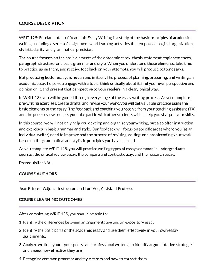 WRIT 125 Syllabus - Fundamentals of Academic Essay Writing