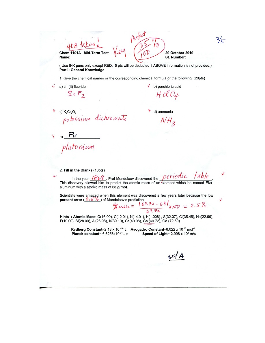 Mid-Term Test for Chem 1101A