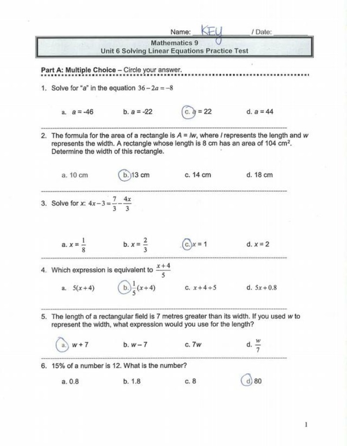 Practice Test Key for Unit 6