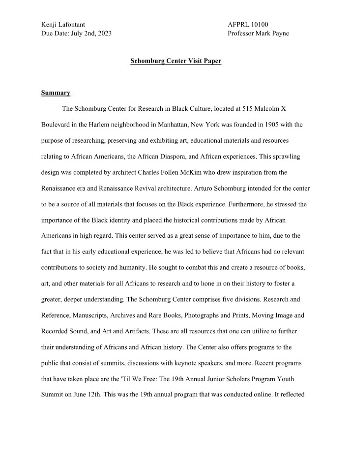 Paper on Schomburg Center Visit