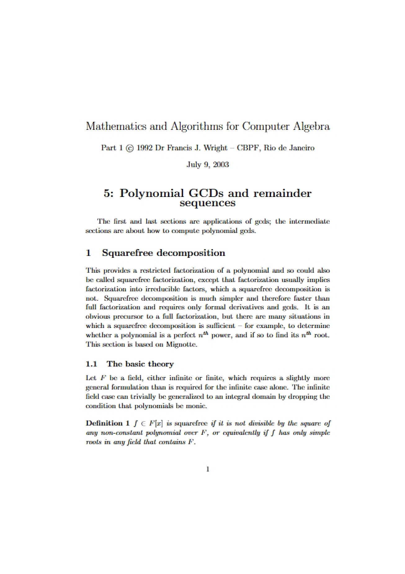 Remainder Sequences and Polynomial GCDs