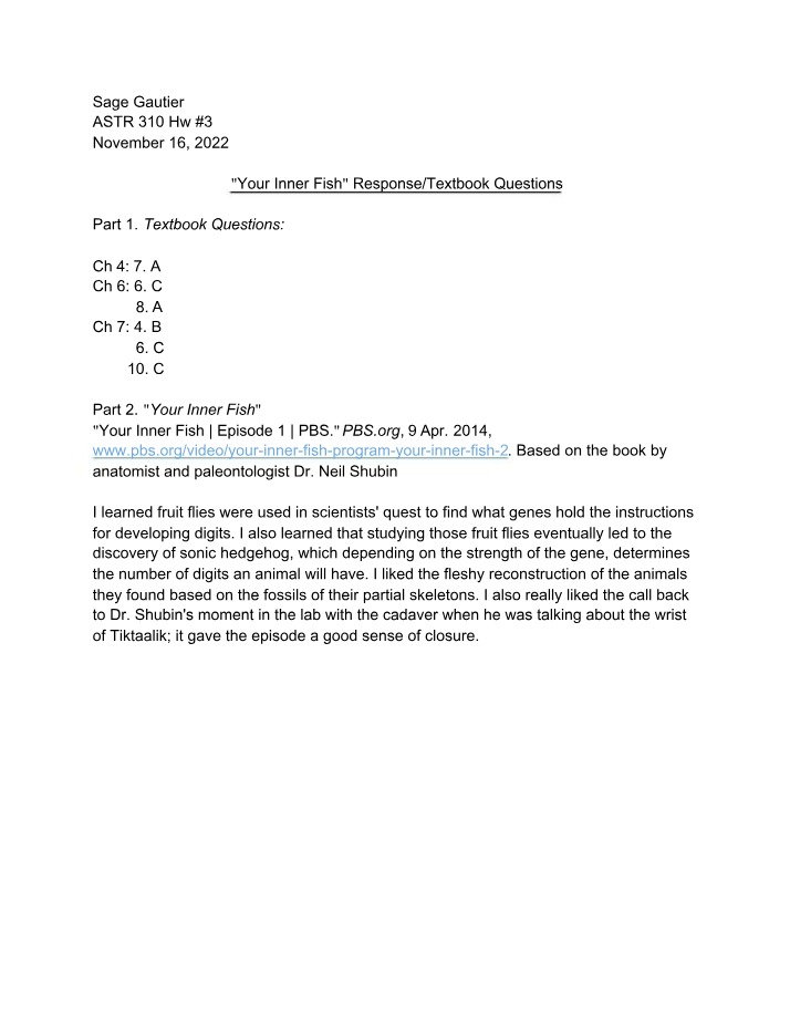 Your Inner Fish Response to Textbook Questions