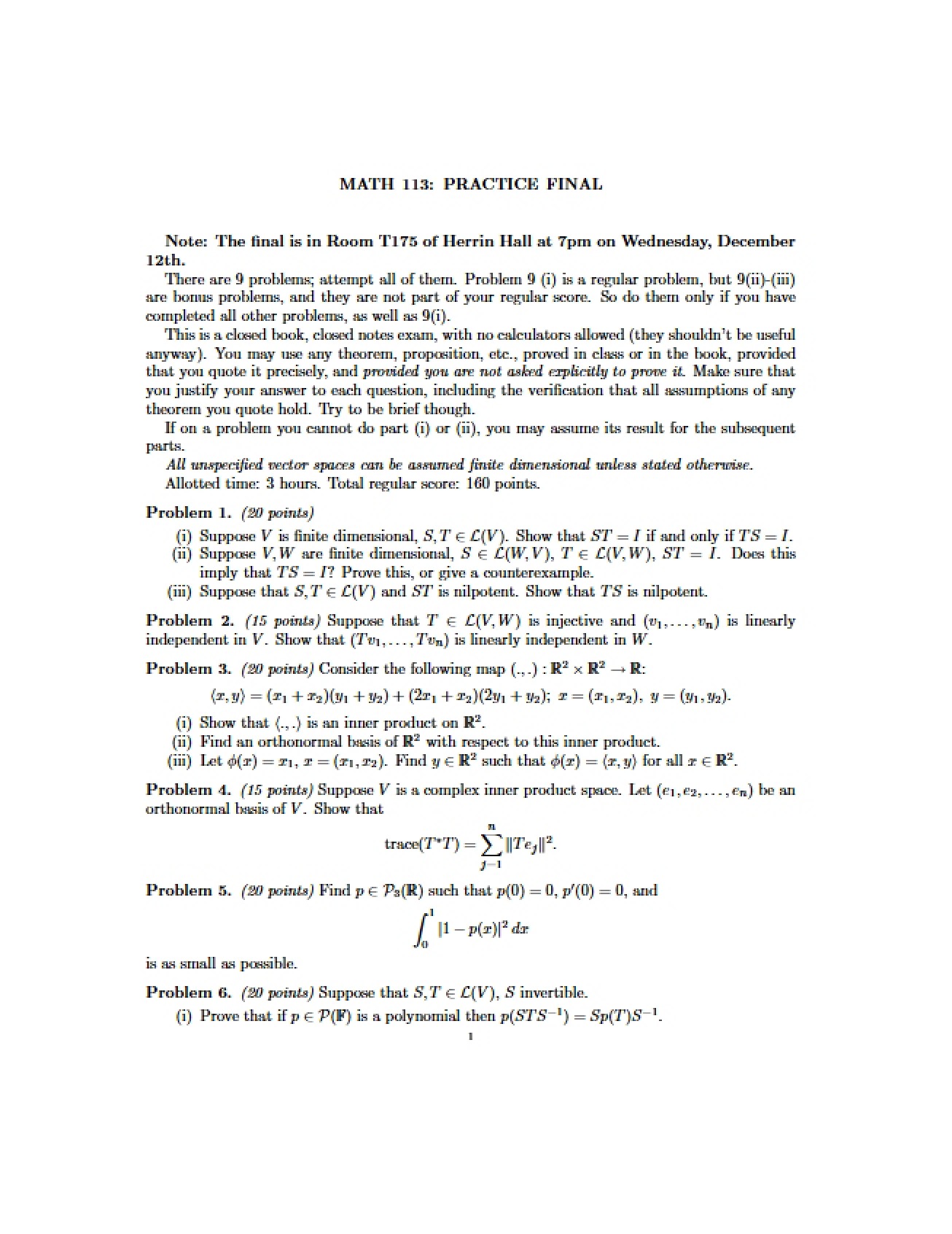 Course Notes for Linear Algebra and Matrix Theory
