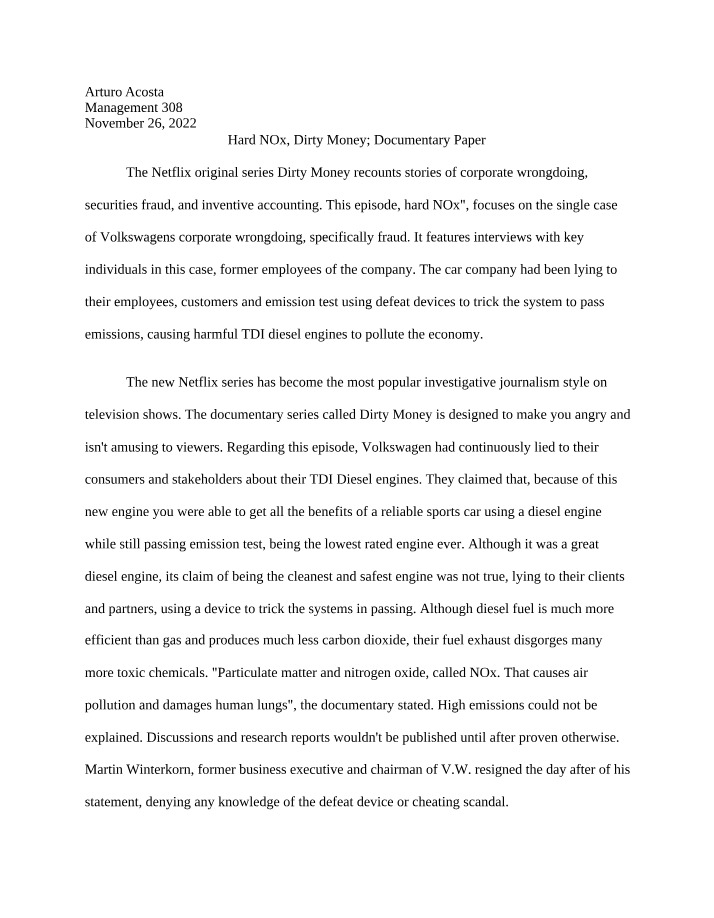 Paper on the Volkswagen Emissions Scandal Documentary