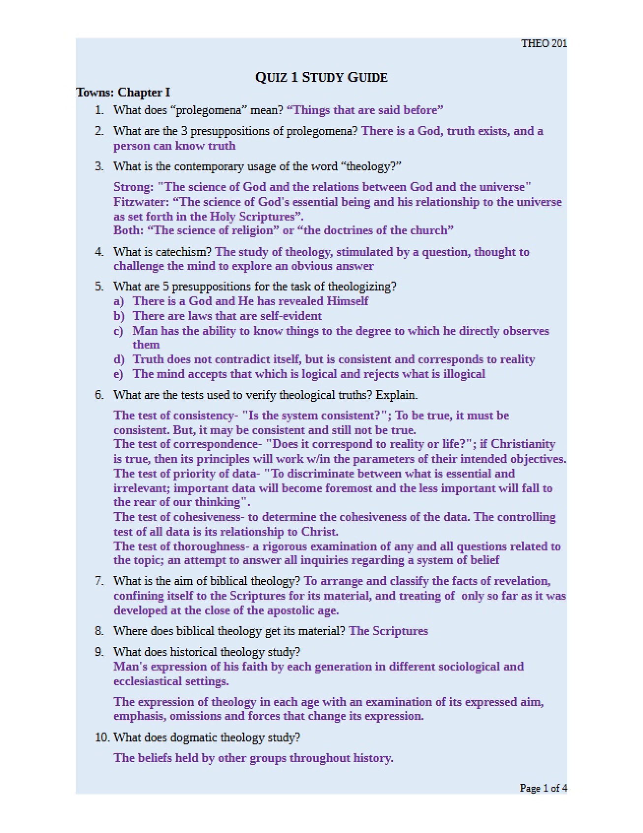 Study Guide for the First Quiz in Theology Survey I