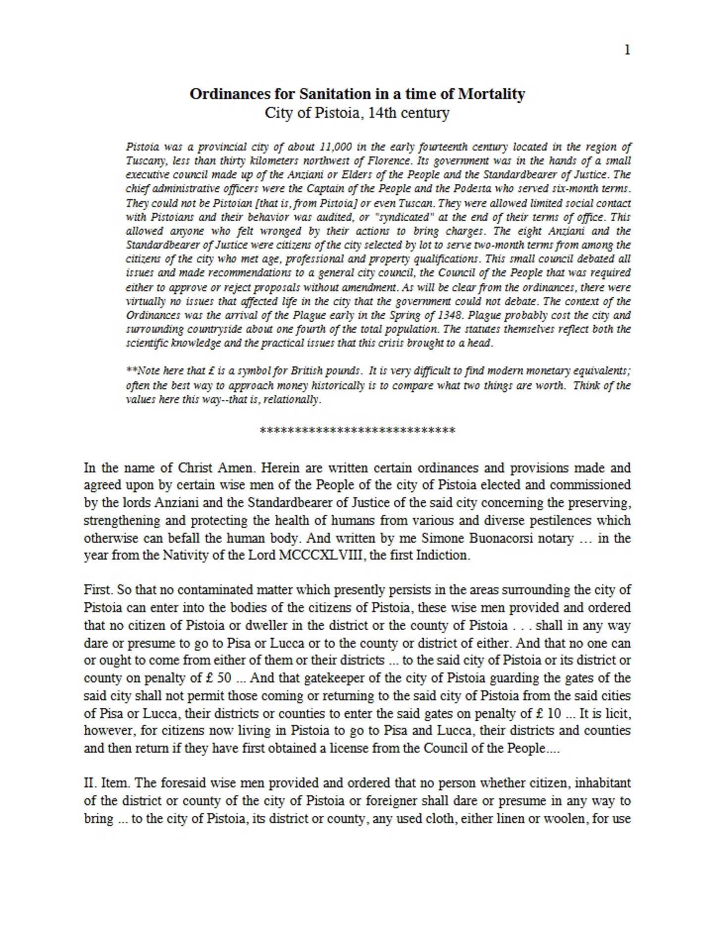 Pistoia Plague Ordinances