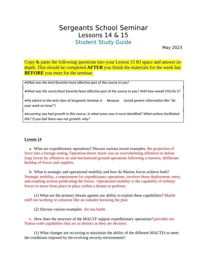 Study Guide - Sergeants School Seminar Lessons 14-15