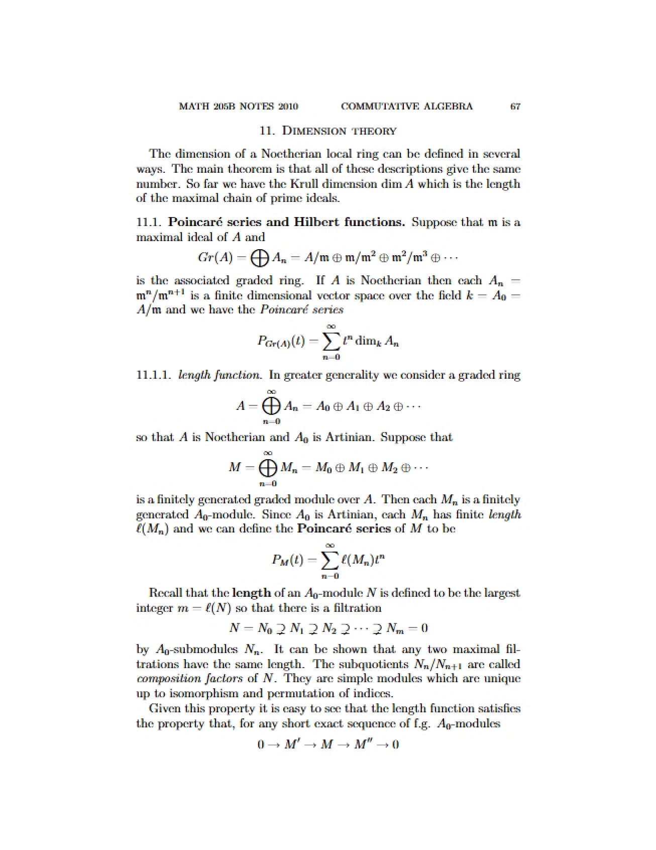 2010 Commutative Algebra Notes Unit 67