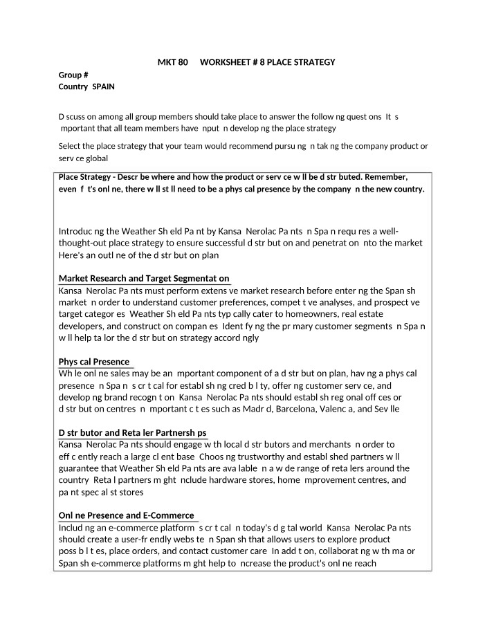 Worksheet 8 - Place Strategy