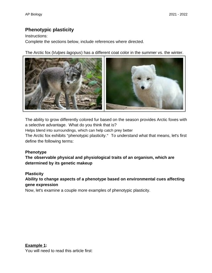 Phenotypic Plasticity - Arctic Foxes and Other Organisms