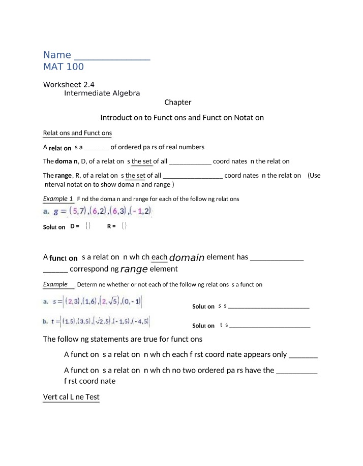 Worksheet - Introduction to Functions and Function Notation