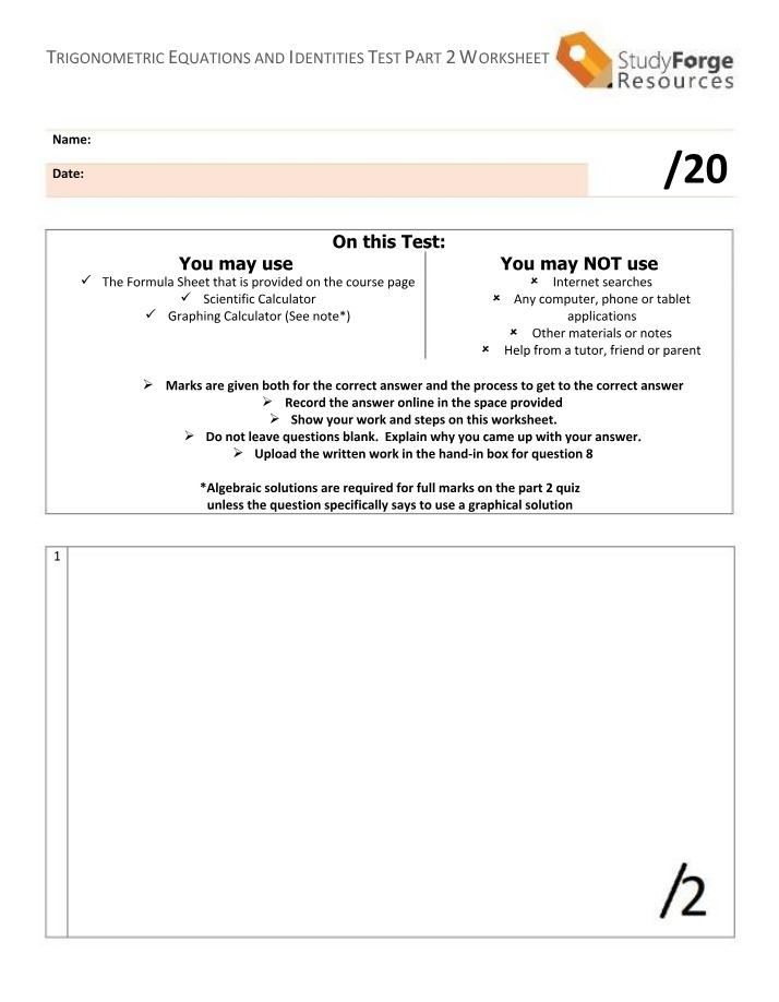Worksheet for Trigonometric Equations and Identities Test Part 2
