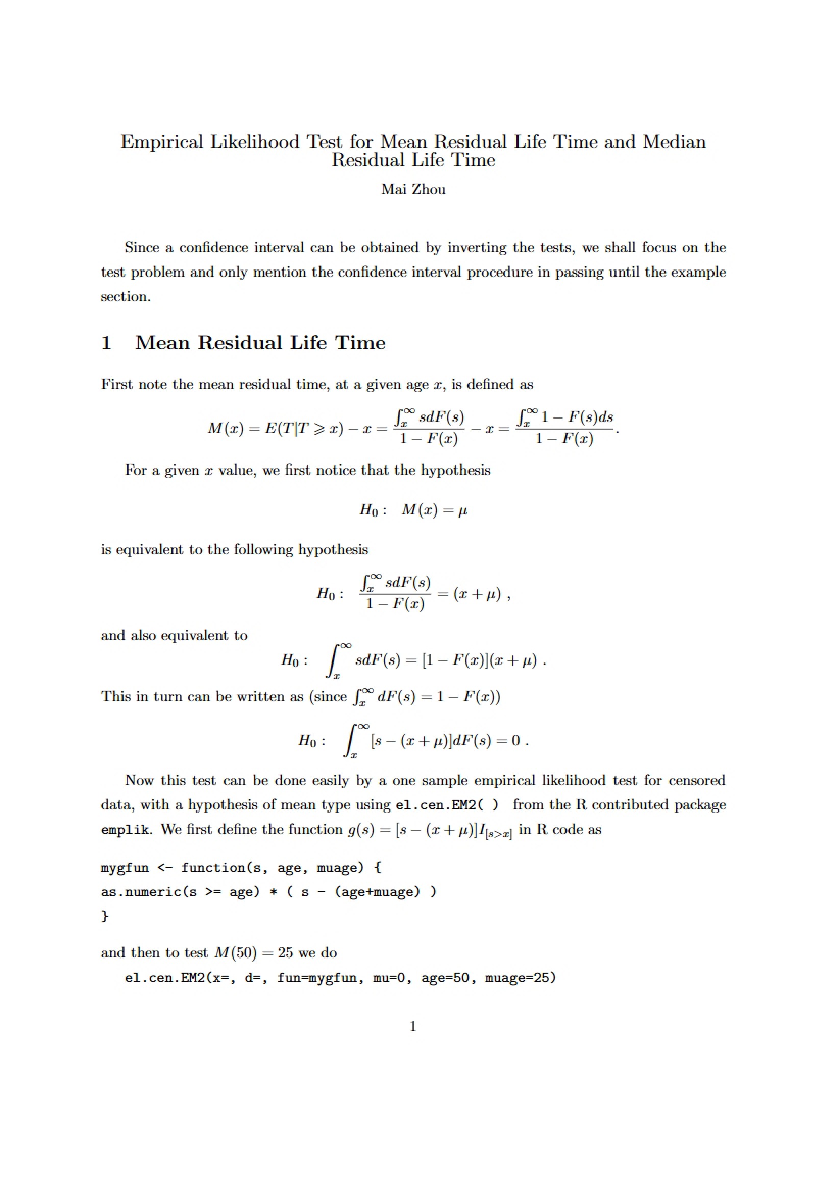 Mean and Median Residual Lifetime Empirical Likelihood Test