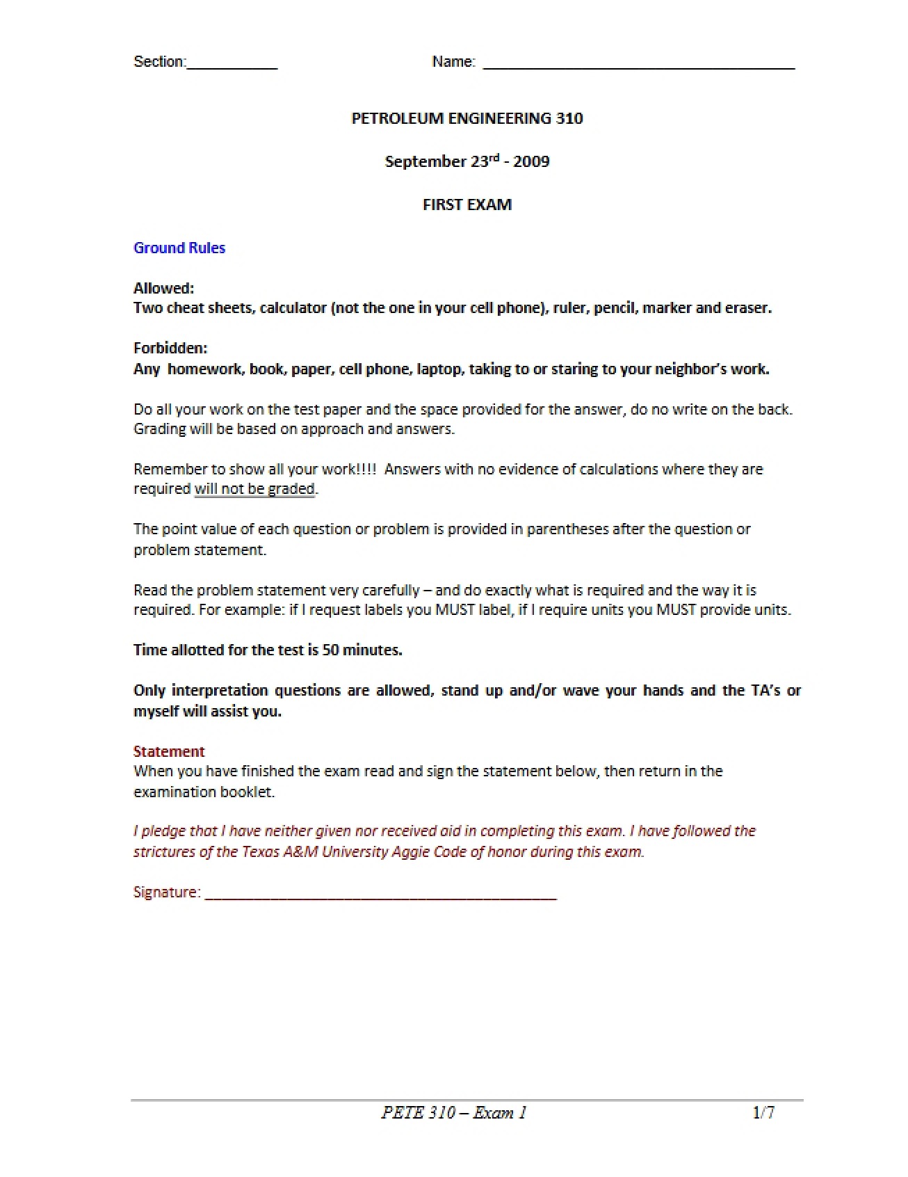 Reservoir Fluids Exam 1 (2009)