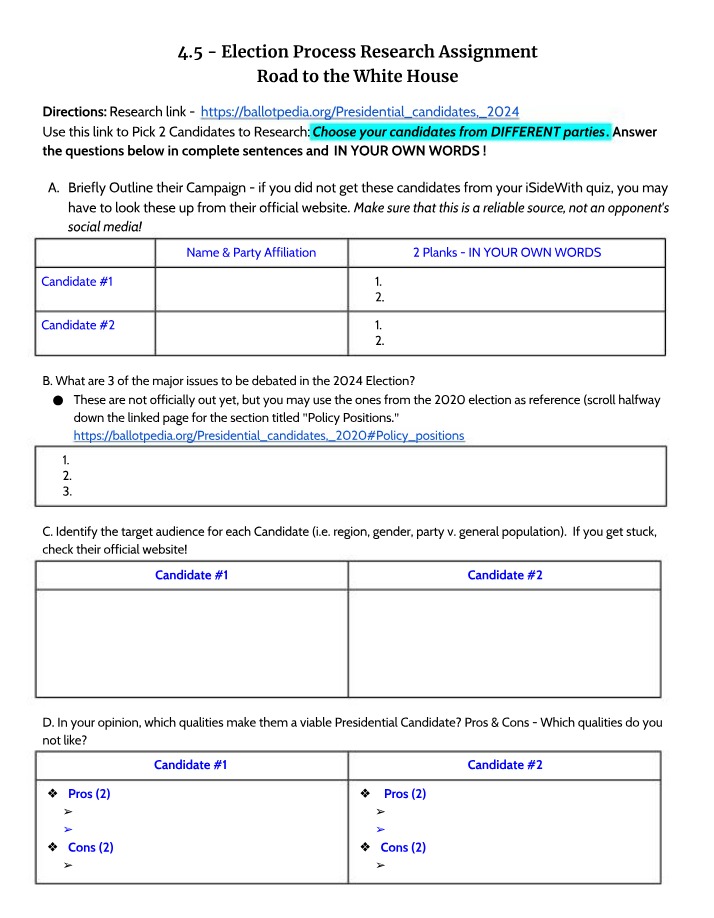 Road to the White House - Election Process Research Assignment