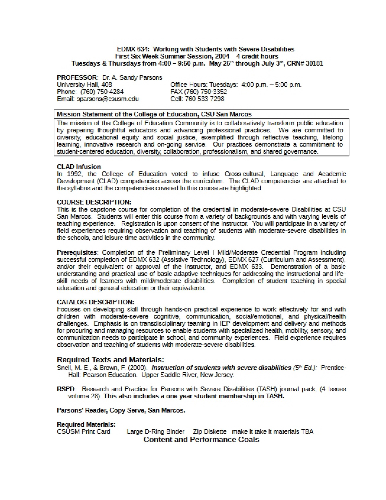Working with Severe Disabilities Syllabus