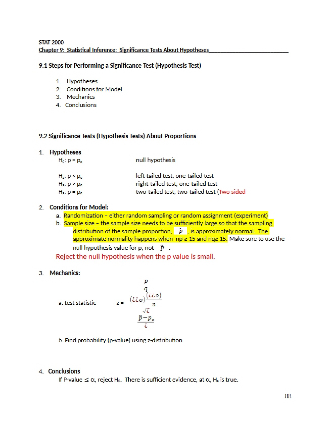 Notes for Statistics Chapter Nine