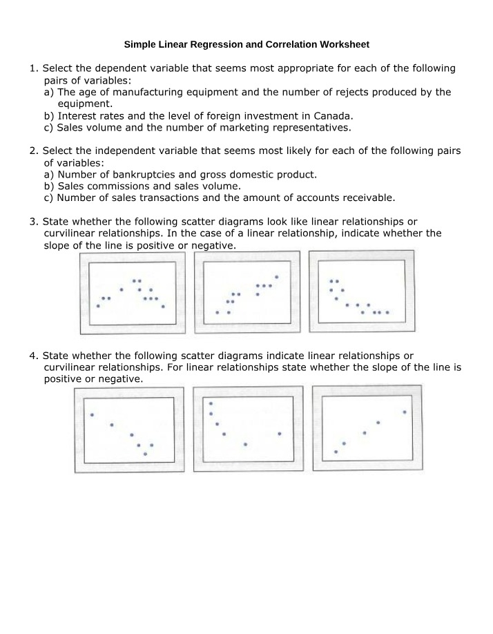 Worksheet on Linear Regression and Correlation