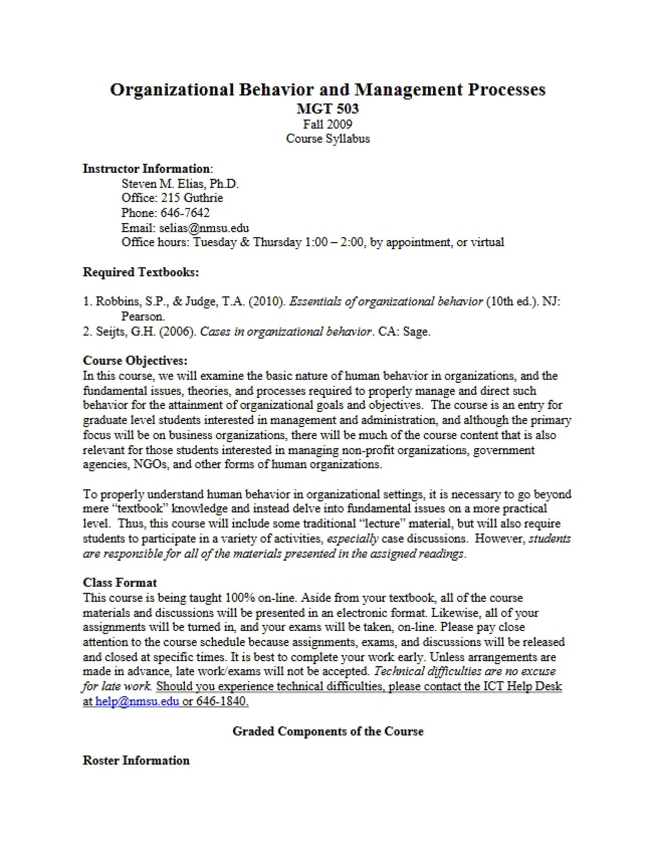Organizational Behavior and Management Processes Course Syllabus