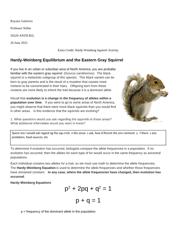 Hardy Weinberg Squirrel Activity - Extra Credit