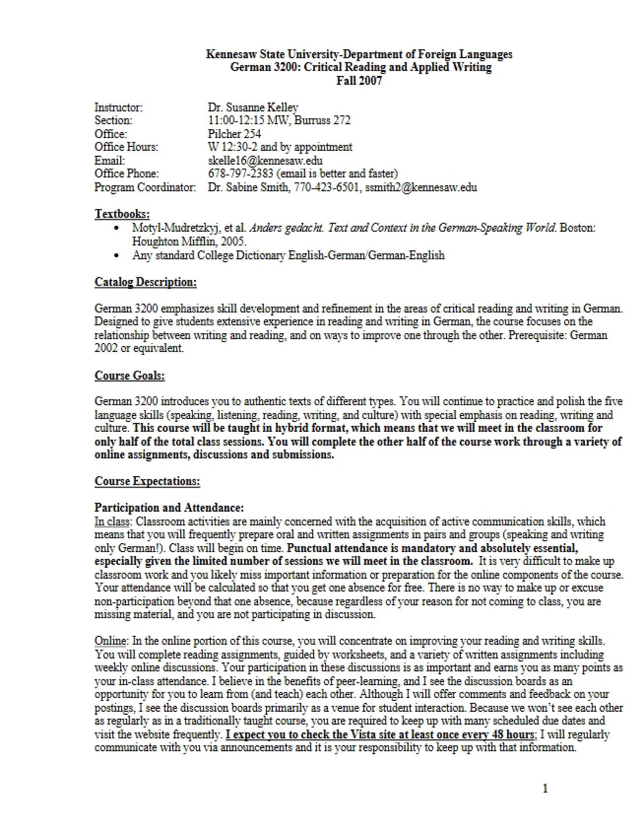 Reading and Writing in German Course Plan